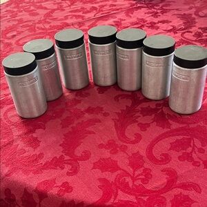 Set of 7 Spun Aluminum Spice Jars with Black Lids - shaker tops-silver & black